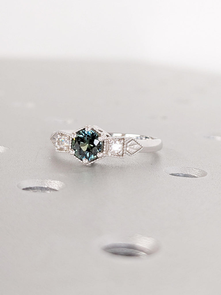 Vintage Peacock Sapphire Promise Ring for Her, 14k White Gold Green Blue Sapphire Ring, Art Deco Anniversary Rings for Women, Wedding Rings