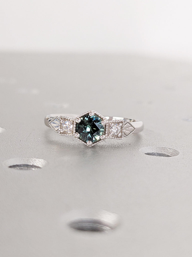 0.5ct Peacock Sapphire Engagement Ring, Art Deco 14k White Gold Statement Ring, Vintage Green Sapphire Ring, Unique Birthday Gift for Wife