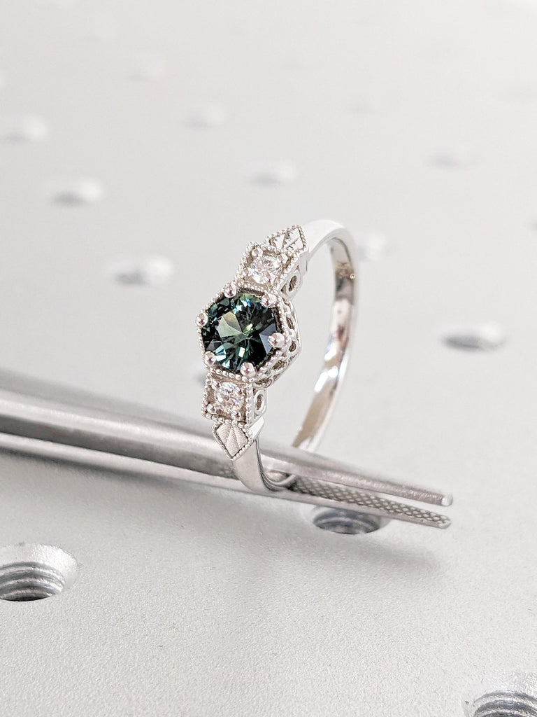 0.5ct Peacock Sapphire Engagement Ring, Art Deco 14k White Gold Statement Ring, Vintage Green Sapphire Ring, Unique Birthday Gift for Wife