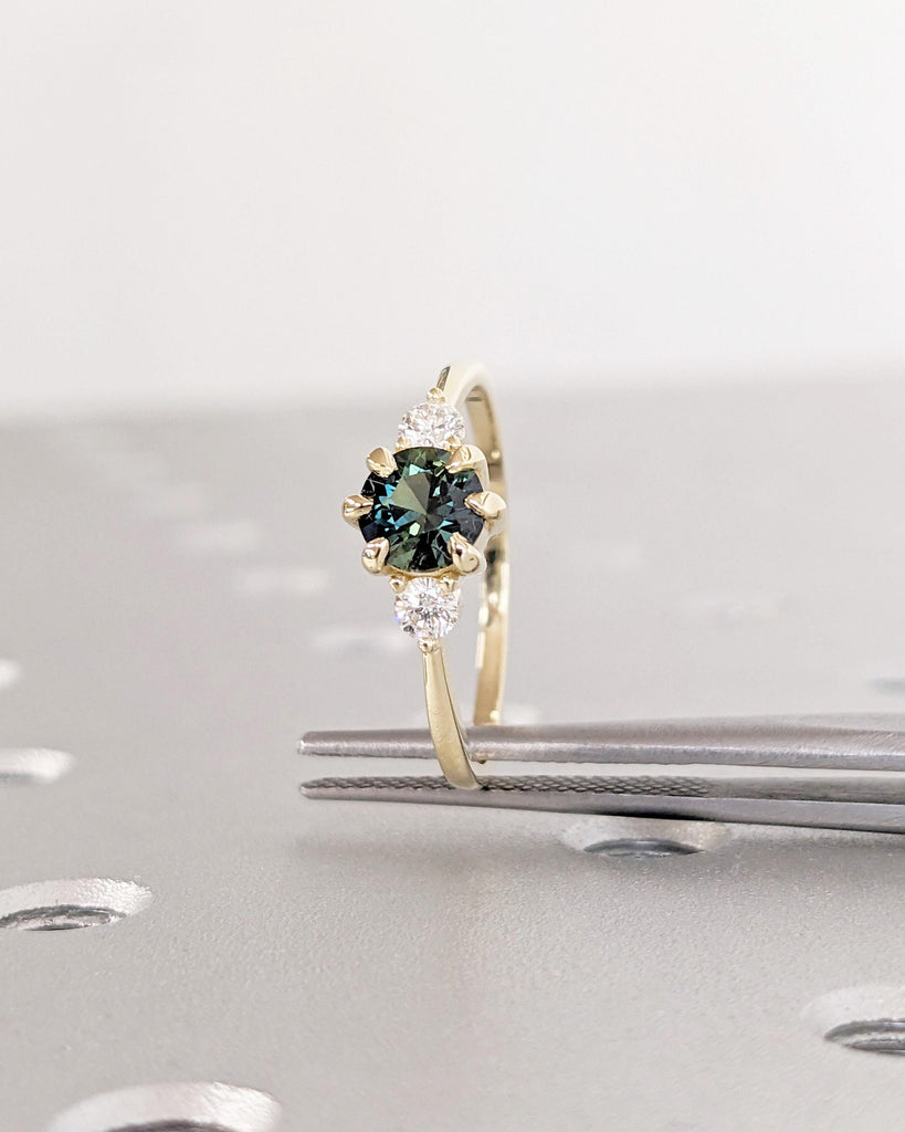 Unique Blue Green Sapphire Engagement Ring | Three Stone Ring | Delicate Promise Ring | 14k Yellow Gold Round Sapphire Birthstone Woman Ring