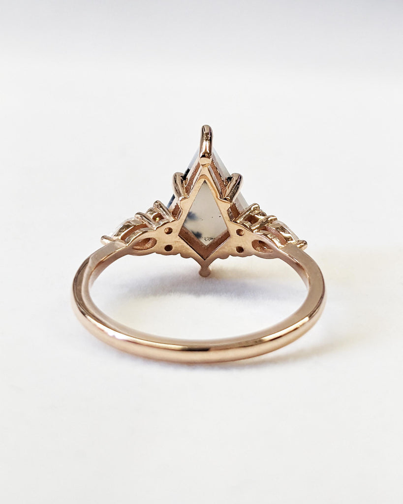 Unique Prong set Ring | Kite cut Moss Agate Promise Ring | Real Rose Gold Vintage Proposal Ring | Gift for Her | Lab Diamond Cluster Ring