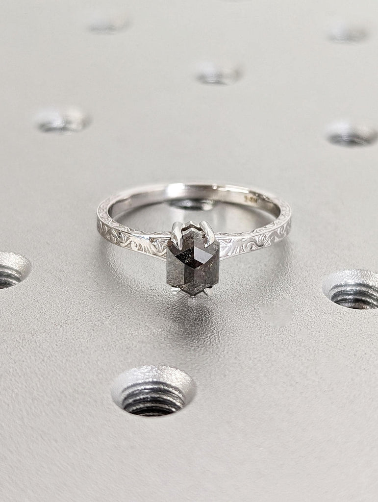 Natural Salt and Pepper Grey Diamond Engagement Ring | Vintage 14k White Gold Statement Ring | Unique Hexagon cut Dainty Ring | Gift for Her