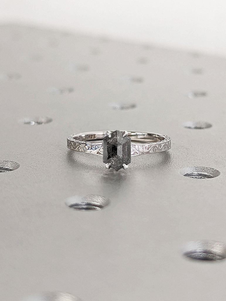 Natural Salt and Pepper Grey Diamond Engagement Ring | Vintage 14k White Gold Statement Ring | Unique Hexagon cut Dainty Ring | Gift for Her