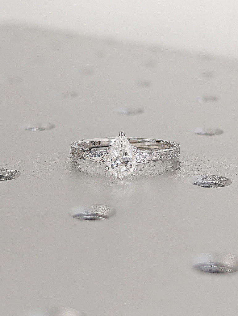 14k White Gold Lab Diamond Unique Wedding Ring | Handmade Ring | Diamond Solitaire Engagement Ring |