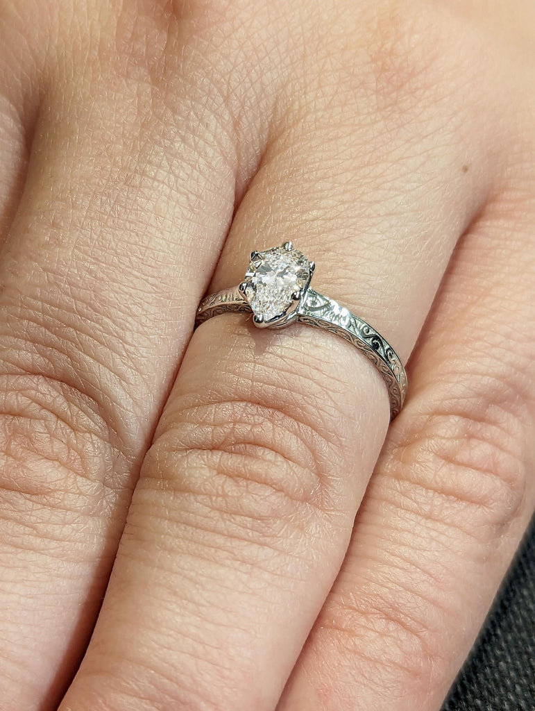 14k White Gold VVS Moissanite Unique Wedding Ring | Custom Ring | White Moissanite Solitaire Engagement Ring | Art Deco Filigree Ring | Woman Jewelry