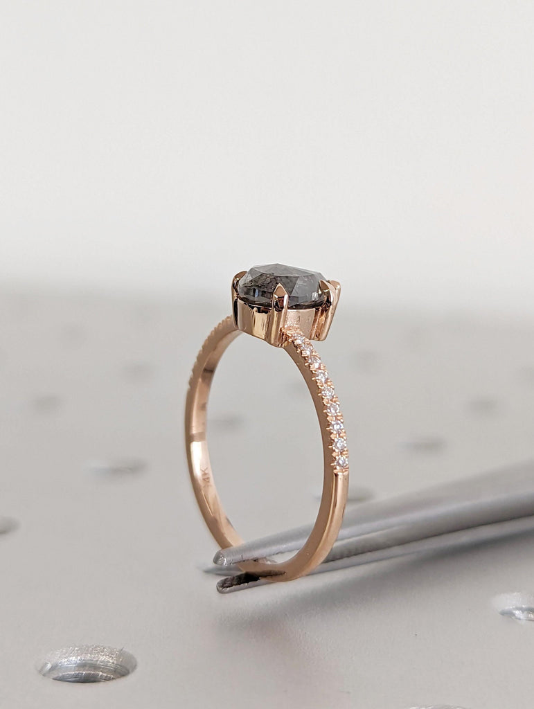 Pear cut Natural Salt and Pepper Grey Diamond Engagement Ring | Unique Diamond Promise Ring | Dainty Rose Gold Band | Diamond Cluster Ring