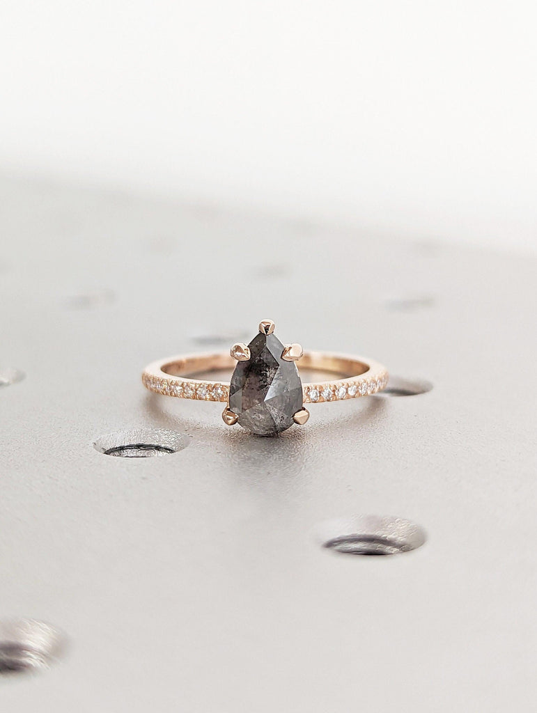 Pear cut Natural Salt and Pepper Grey Diamond Engagement Ring | Unique Diamond Promise Ring | Dainty Rose Gold Band | Diamond Cluster Ring