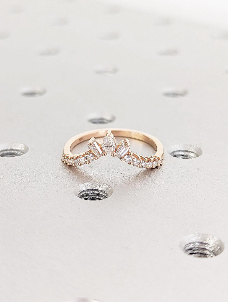 Curved Wedding Ring Diamond Prong set Ring | Pear and Round cut Lab Diamond Half Eternity Ring | 14k Solid Gold Dainty Promise Ring for Her