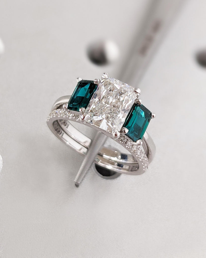 Radiant Cut Lab Made Diamond Three Stone Engagement Ring, Emerald Cut Emerald, Radiant Cut Ring, Trellis Setting, Diamond Engagement Ring