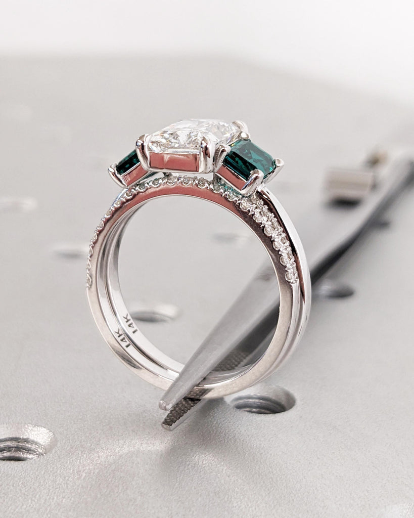 Radiant Cut Moissanite Three Stone Engagement Ring, Emerald Cut Green Emerald, Radiant Cut Ring, Trellis Setting, Moissanite Engagement Ring