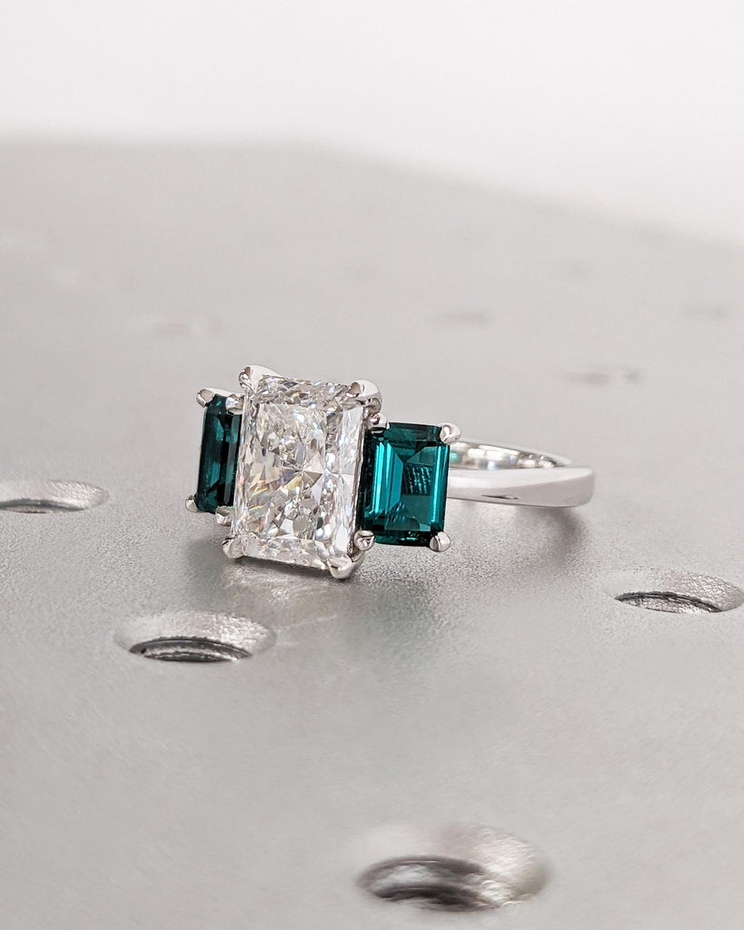 Radiant Cut Moissanite Three Stone Engagement Ring, Emerald Cut Green Emerald, Radiant Cut Ring, Trellis Setting, Moissanite Engagement Ring