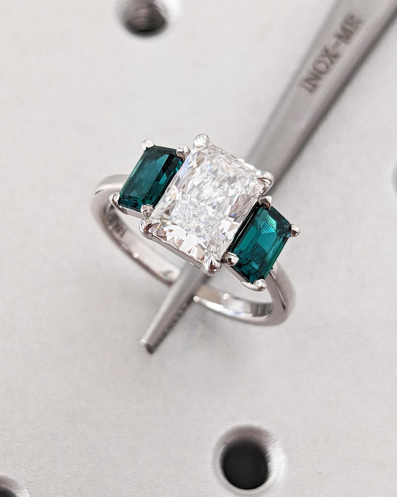 Radiant Cut Moissanite Three Stone Engagement Ring, Emerald Cut Green Emerald, Radiant Cut Ring, Trellis Setting, Moissanite Engagement Ring