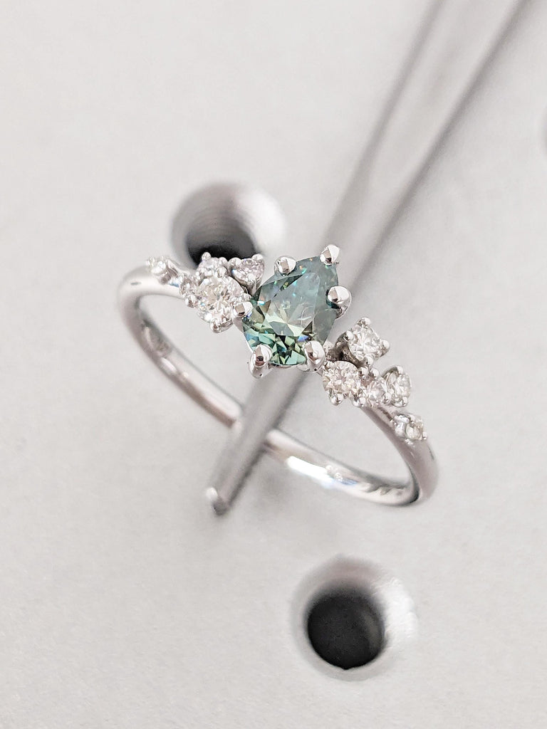 Green Moissanite Promise Ring for Her, Pear Cut 14k White Gold Snowdrift Ring, Vintage Anniversary Ring, Unique Birthday Gift for Girlfriend