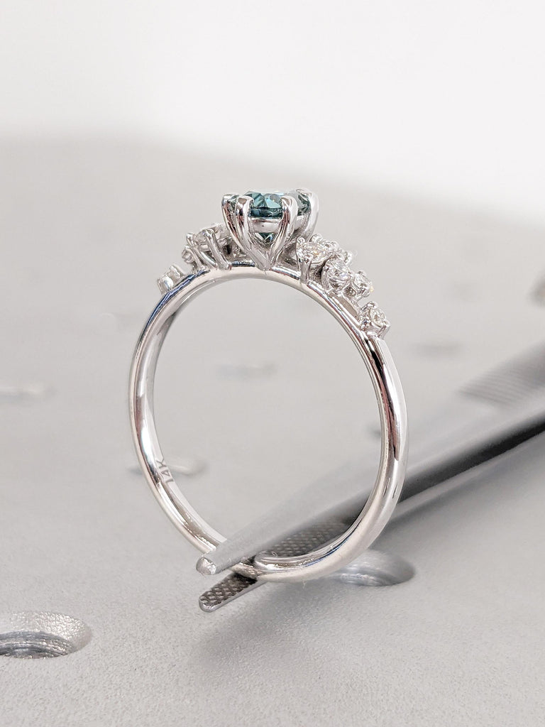 Green Moissanite Promise Ring for Her, Pear Cut 14k White Gold Snowdrift Ring, Vintage Anniversary Ring, Unique Birthday Gift for Girlfriend