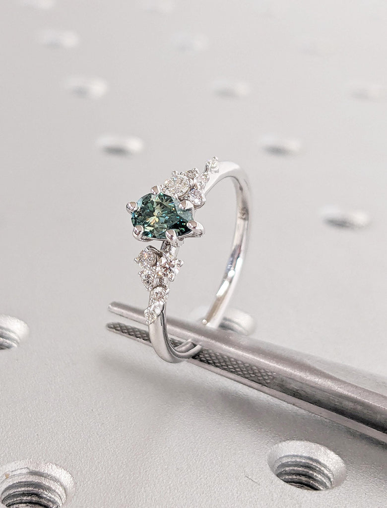 Green Moissanite Promise Ring for Her, Pear Cut 14k White Gold Snowdrift Ring, Vintage Anniversary Ring, Unique Birthday Gift for Girlfriend