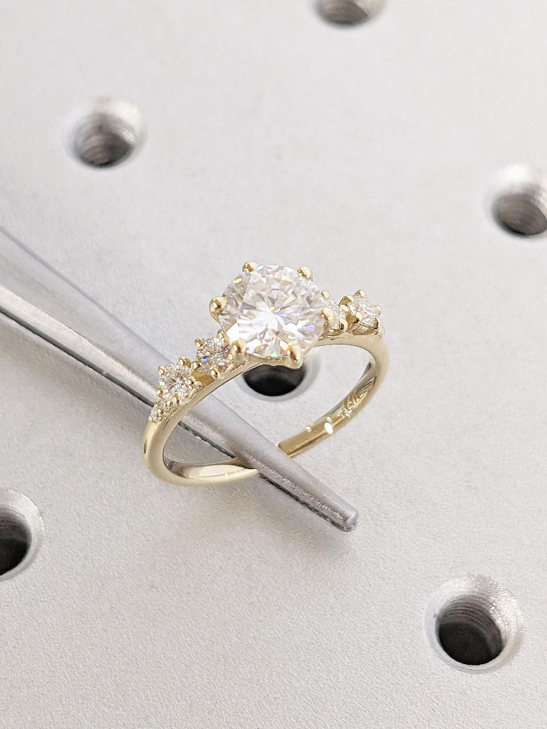 Vintage Moissanite Engagement Ring | Diamond Cluster Ring | Round cut Moissanite Ring | Yellow Gold Woman Bridal Ring | Unique Promise Ring