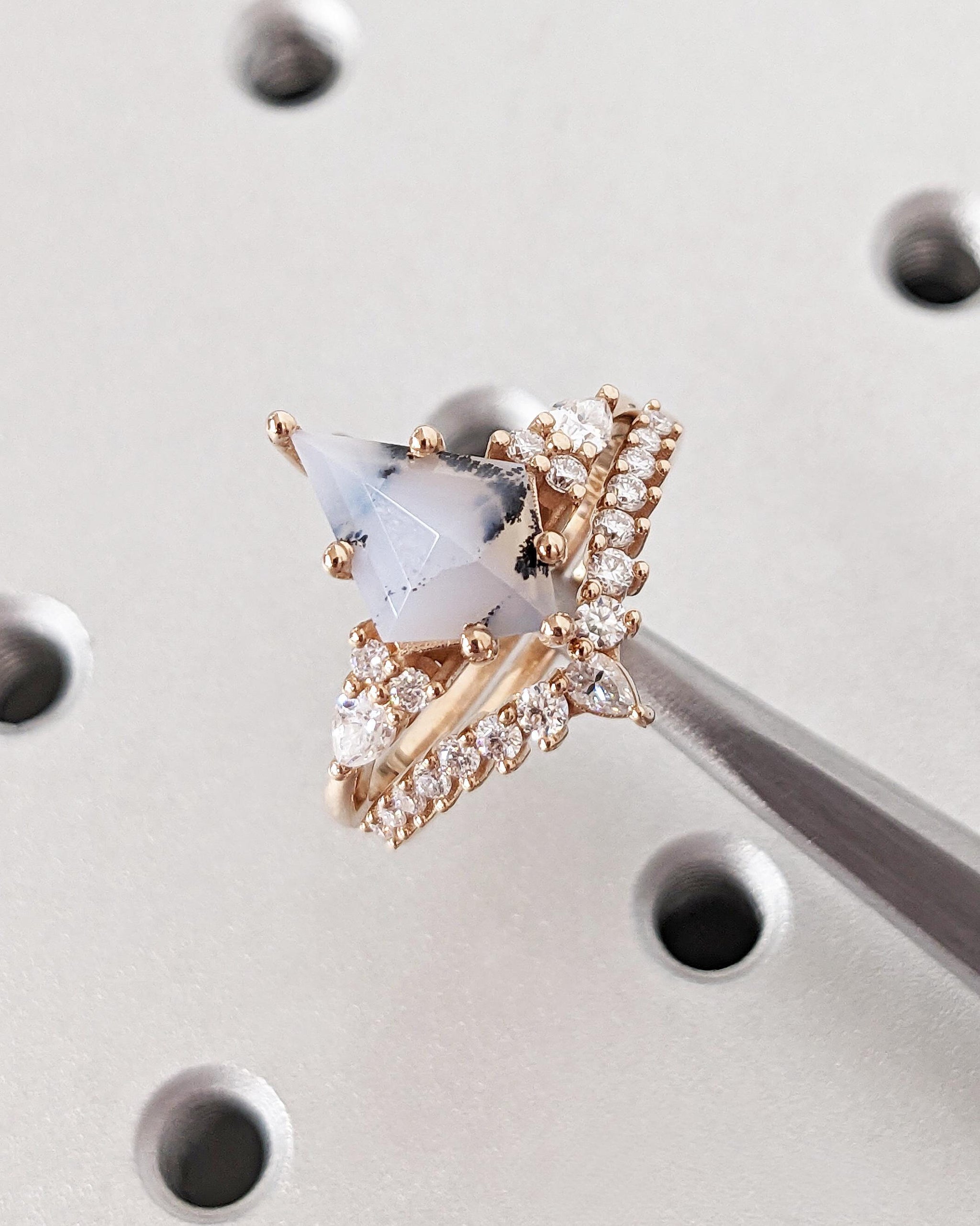 Green Moss Agate Engagement Ring Set, Kite Cut Moss Agate Ring