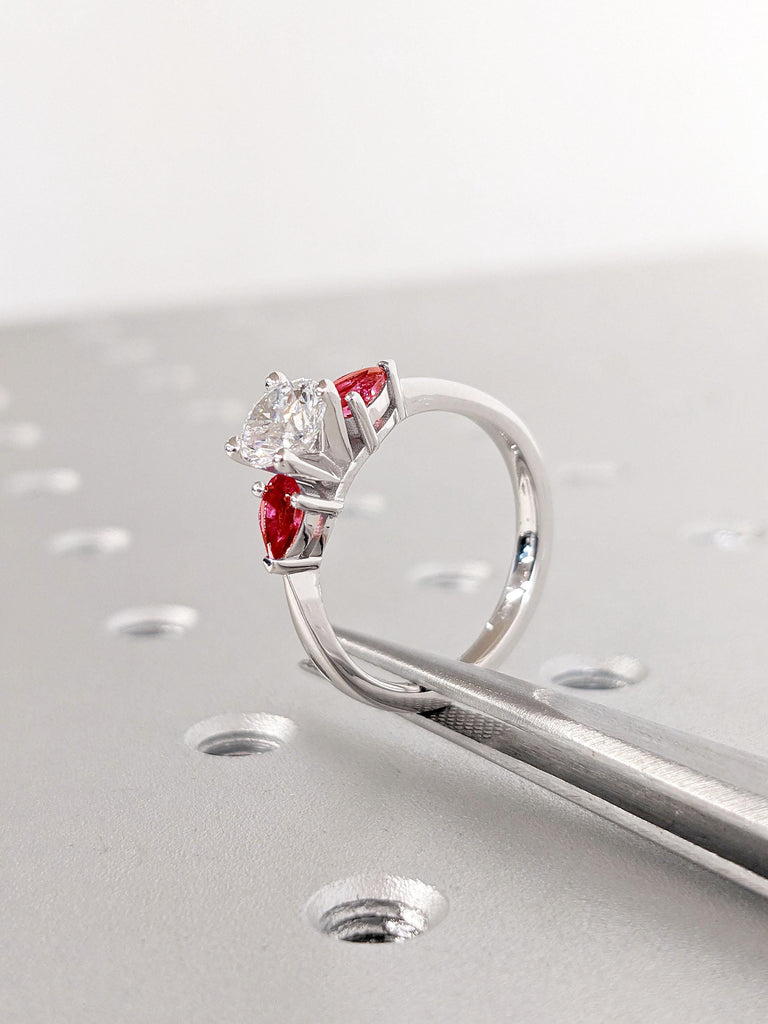 14k Solid White Gold Elegant Moissanite & Ruby Promise Ring for Her | Unique Small Women Moissanite Engagement Ring | July Birthstone