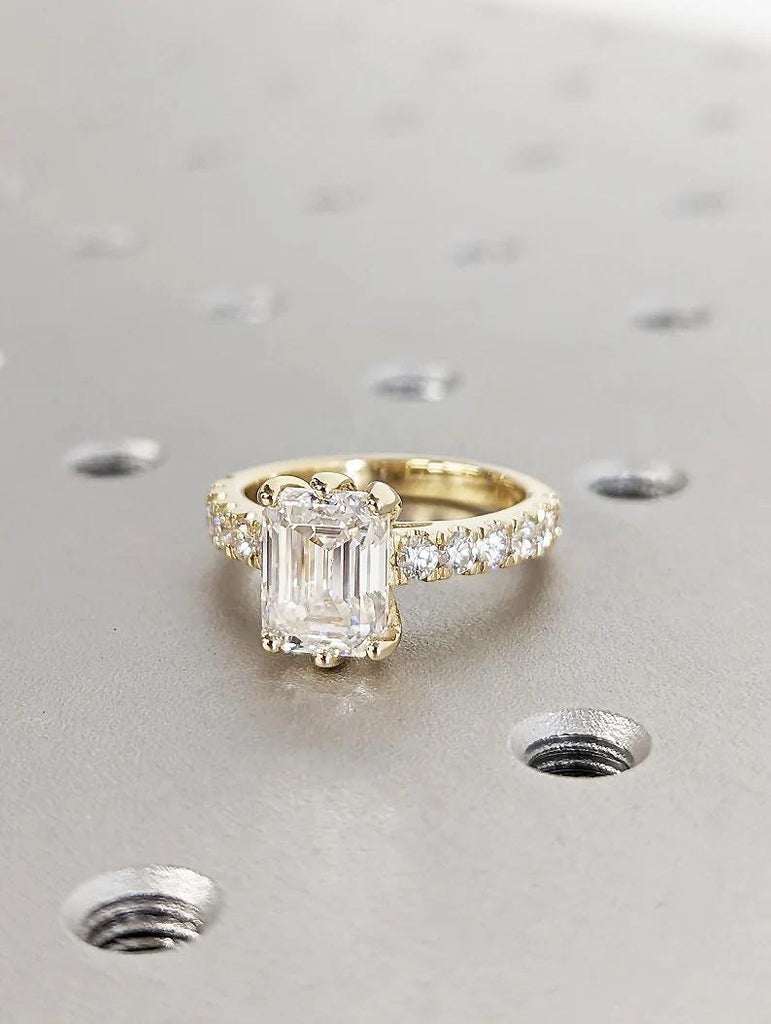 Emerald Cut Moissanite Engagement Ring, 14k Yellow Gold Half Eternity Ring, Hidden Halo Diamond Ring, Art Deco Ring for Her, Promise Ring