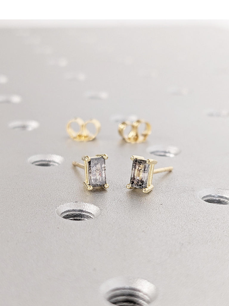 Baguette Cut Salt and Pepper Diamond Earrings, 14k Gold Earring Studs, Unique Diamond Stud Earrings | Gift for Girlfriend | Dainty Earrings