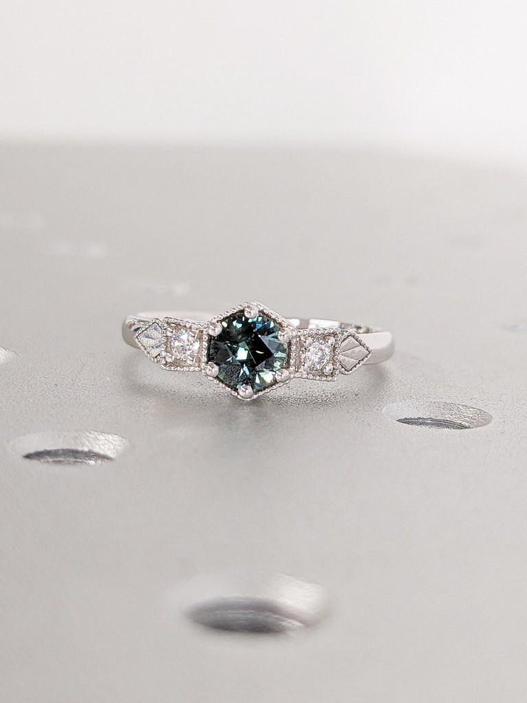 Vintage Peacock Sapphire Promise Ring for Her, 14k White Gold Green Blue Sapphire Ring, Art Deco Anniversary Rings for Women, Wedding Rings