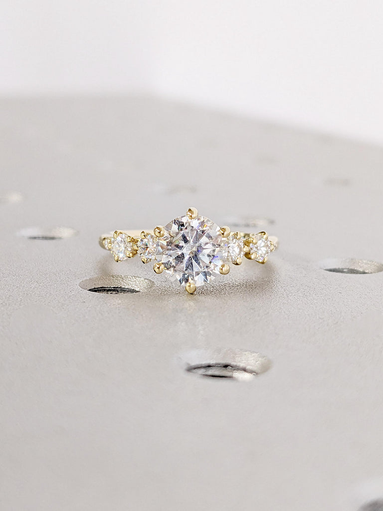 Vintage Simulant Diamond Engagement Ring | Moissanite Cluster Ring | Round cut Diamond Ring | Yellow Gold Woman Bridal Ring | Unique Promise Ring