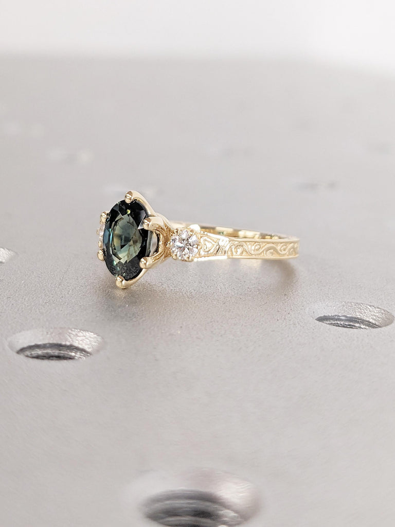 1ct Peacock Sapphire Engagement Ring | Art Deco 18k Yellow Gold | Green Blue Sapphire Ring | Dainty Promise Ring | Anniversary Gift for Wife