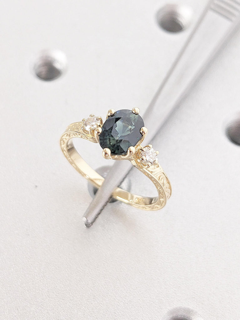 1ct Peacock Sapphire Engagement Ring | Art Deco 18k Yellow Gold | Green Blue Sapphire Ring | Dainty Promise Ring | Anniversary Gift for Wife