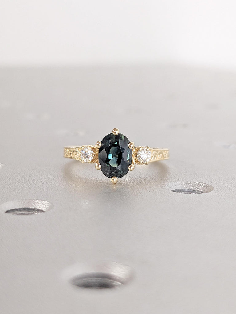 18k Yellow Gold Sapphire Ring, Dainty Peacock Sapphire Anniversary Ring, Art Deco Promise Ring for Her, Unique Birthday Gift for Girlfriend