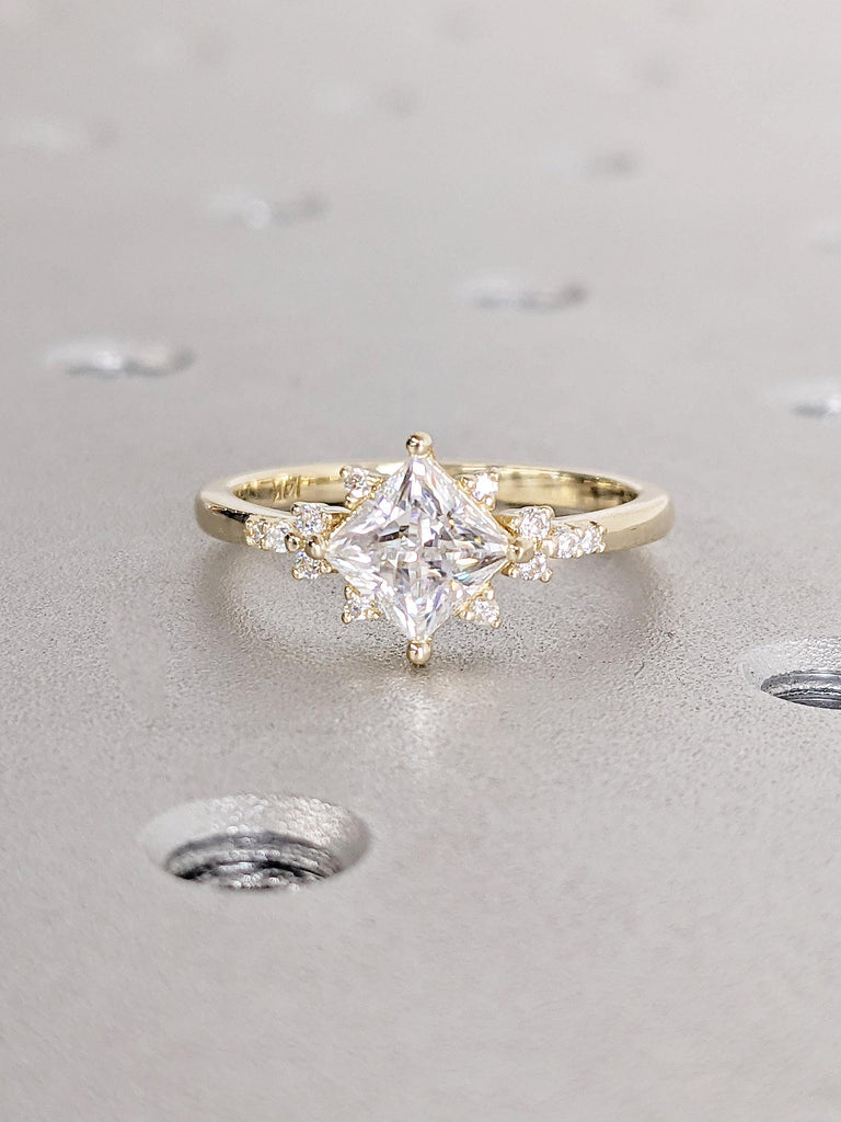 1ct Princess cut Lab Grown Diamond 14K Yellow Gold Engagement Ring | Unique Snowdrift Diamond Cluster Promise Ring | Wedding Ring for Her