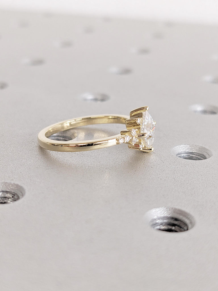 1-2ct Princess cut Lab Grown Diamond 14K Yellow Gold Engagement Ring | Unique Starburst Diamond Cluster Promise Ring | Wedding Ring for Her