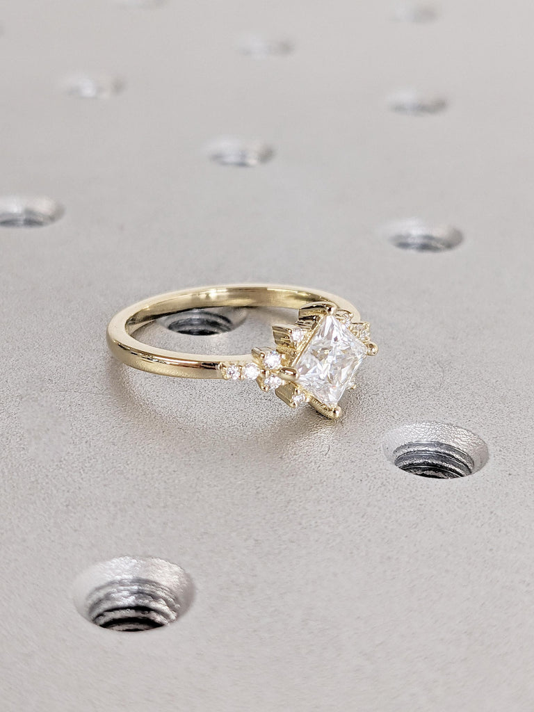 Moissanite Cluster Prong set Ring | Solid Gold Woman Engagement Ring | Unique Simulant Diamond Ring