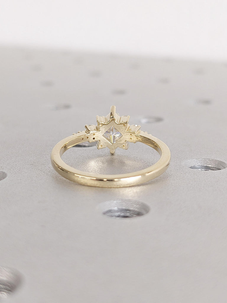 1-2ct Princess cut Lab Grown Diamond 14K Yellow Gold Engagement Ring | Unique Starburst Diamond Cluster Promise Ring | Wedding Ring for Her