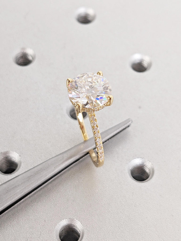 Round cut Lab Grown Diamond Engagement Ring, Half Eternity 18k Yellow Gold Promise Ring, Hidden Halo Moissanite Ring, Unique Solitaire Ring