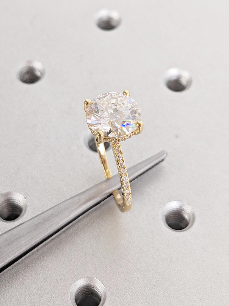 Hidden Halo 18k Yellow Gold Ring | Lab Grown Diamond Wedding Rings for Women | Half Eternity Promise Ring for Her | Unique Statement Ring