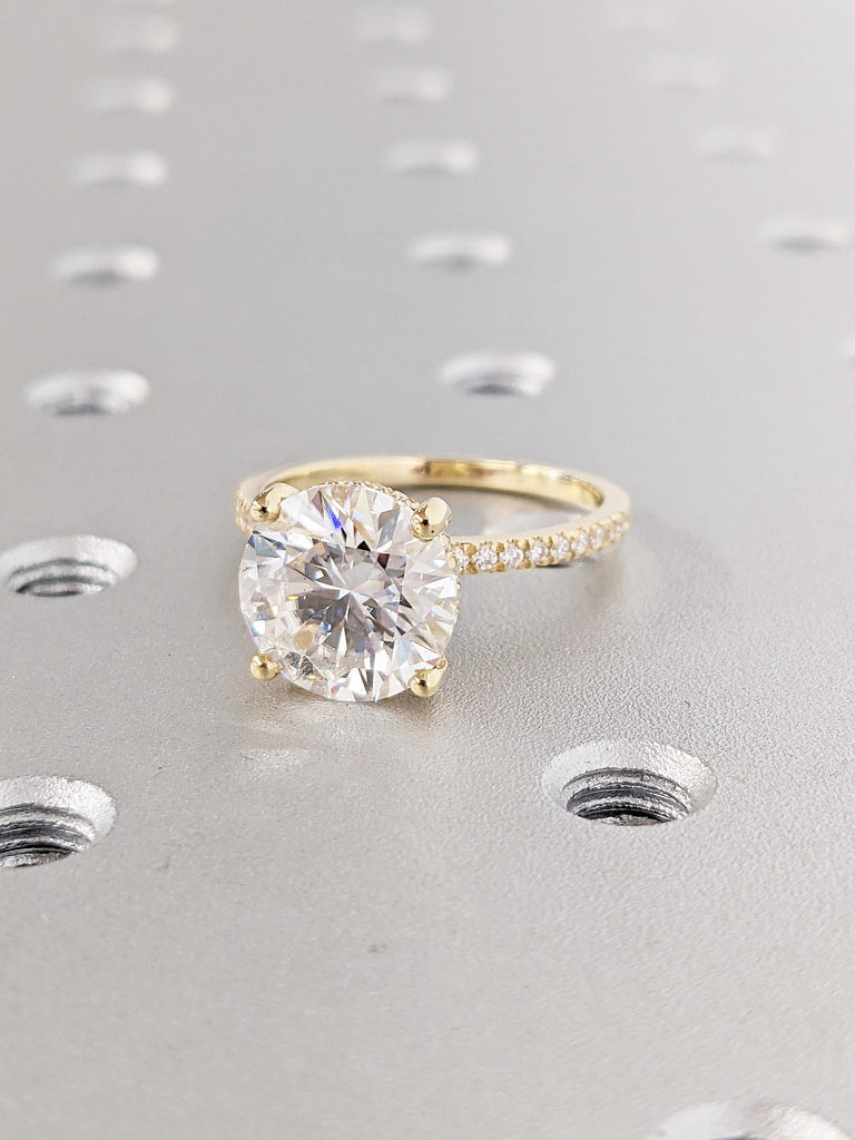 Round Cut Moissanite Engagement Ring | Half Eternity 18k Yellow Gold Ring | Hidden Halo Moissanite Ring | Solitaire Promise Ring for Her