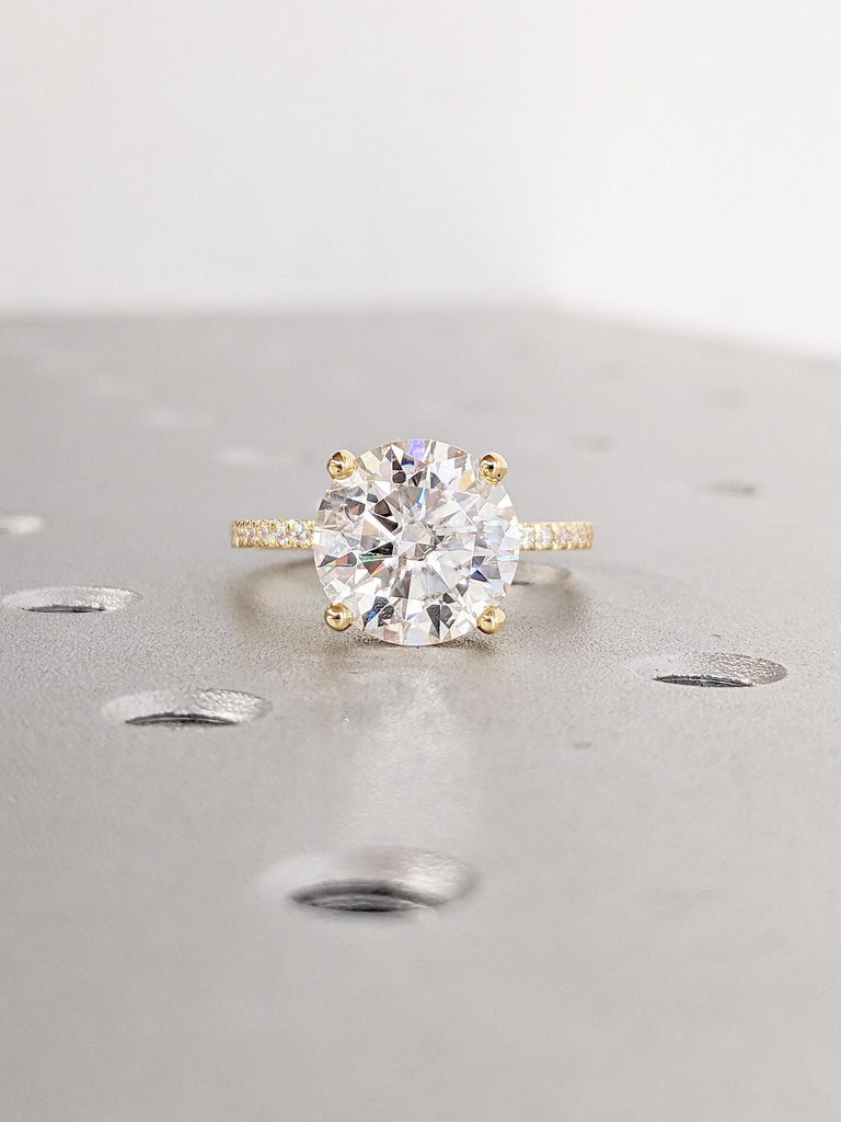 Round Cut Moissanite Engagement Ring | Half Eternity 18k Yellow Gold Ring | Hidden Halo Moissanite Ring | Solitaire Promise Ring for Her