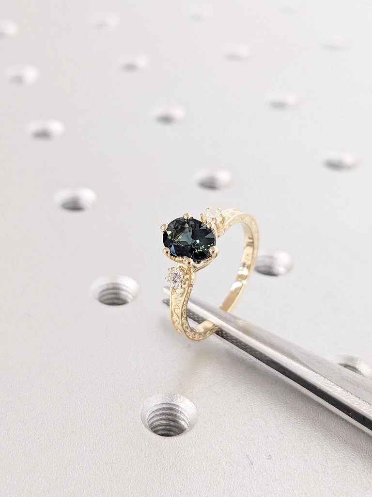 1ct Peacock Sapphire Engagement Ring | Art Deco 18k Yellow Gold | Green Blue Sapphire Ring | Dainty Promise Ring | Anniversary Gift for Wife