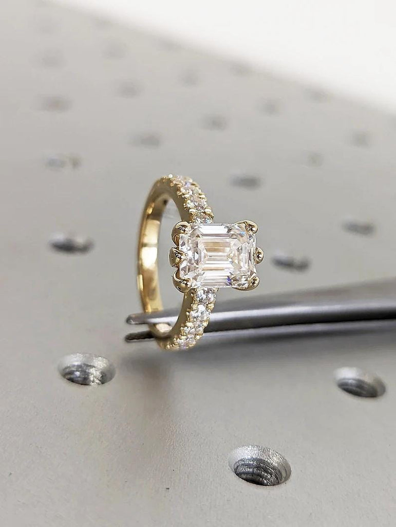 14k Yellow Gold Lab Diamond Promise Ring, Half Eternity Diamond Ring, Hidden Halo Statement Ring, Unique Emerald Cut Lab Grown Diamond Ring