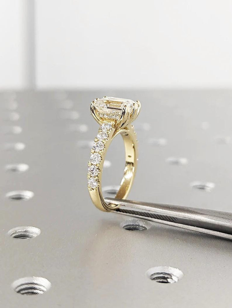 14k Yellow Gold Lab Diamond Promise Ring, Half Eternity Diamond Ring, Hidden Halo Statement Ring, Unique Emerald Cut Lab Grown Diamond Ring