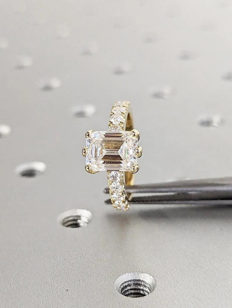 14k Yellow Gold Lab Diamond Promise Ring, Half Eternity Diamond Ring, Hidden Halo Statement Ring, Unique Emerald Cut Lab Grown Diamond Ring