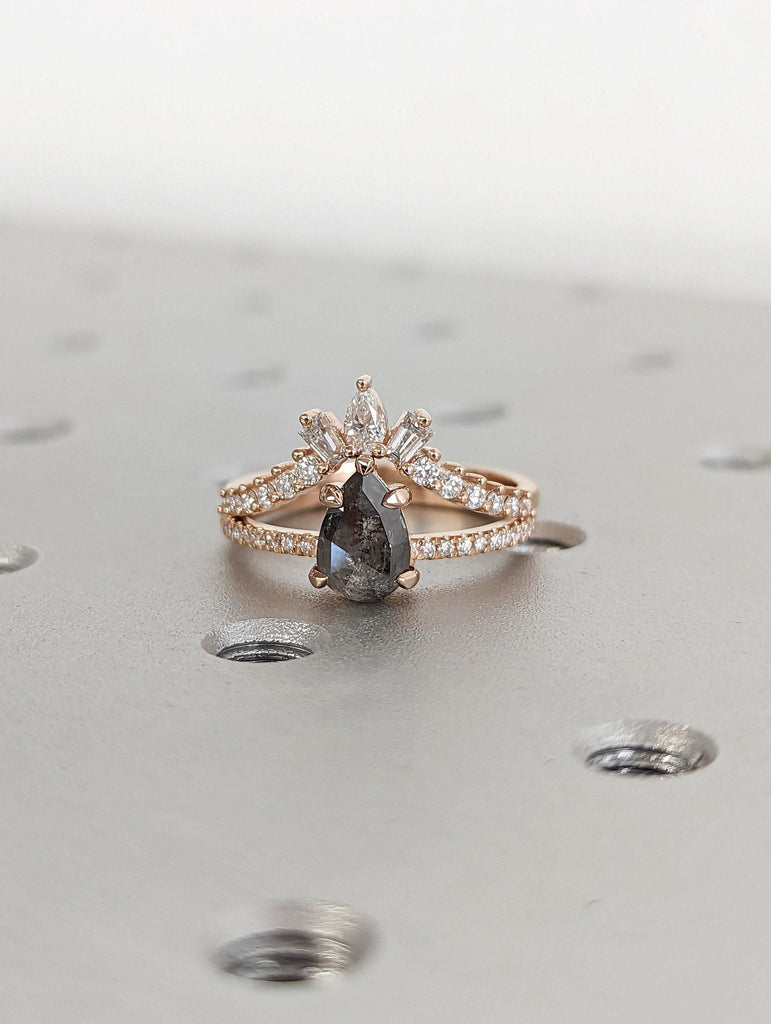 Vintage Rose Gold Diamond Engagement Ring Set | Lab Diamond Stacking Ring Tiara Crown Shape | Natural Grey Salt and Pepper Diamond Pear cut