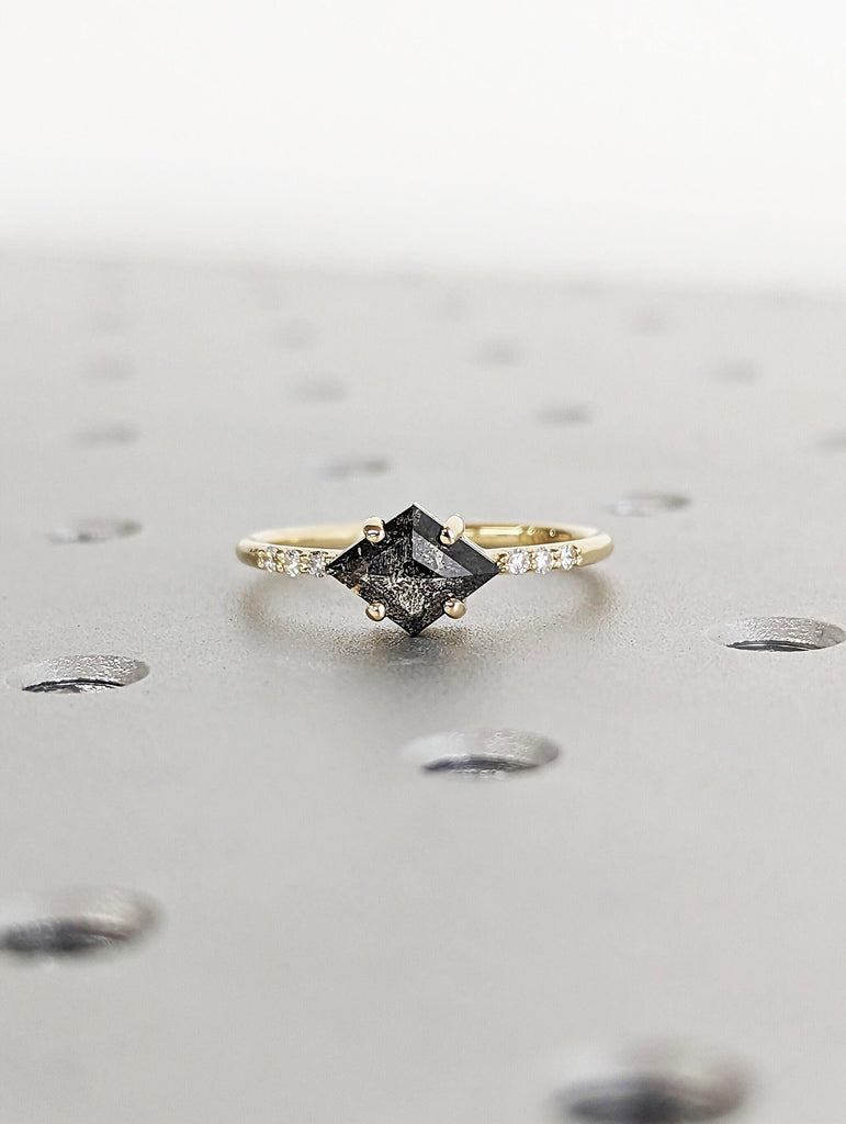 kite Cut Salt and Pepper Diamond Ring, 14k Yellow Gold, Kite shape Diamond Engagement Ring, Anniversary Gift for Her, Unique Diamond Jewelry