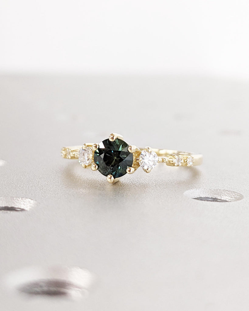 Vintage Blue Green Sapphire Engagement Ring | Dainty Yellow Gold Wedding Ring | Unique Cluster Lab Diamond Ring | Wedding Anniversary Ring