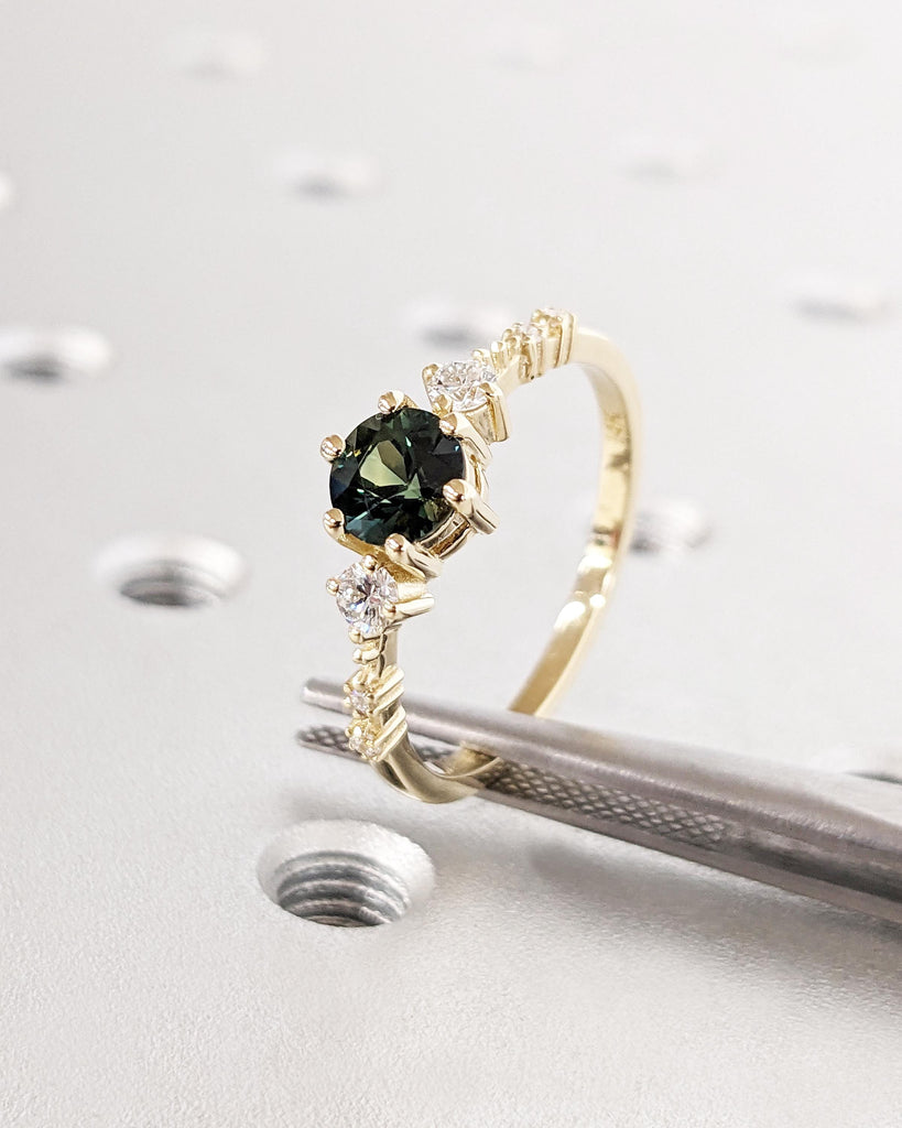 Vintage Blue Green Sapphire Engagement Ring | Dainty Yellow Gold Wedding Ring | Unique Cluster Lab Diamond Ring | Wedding Anniversary Ring