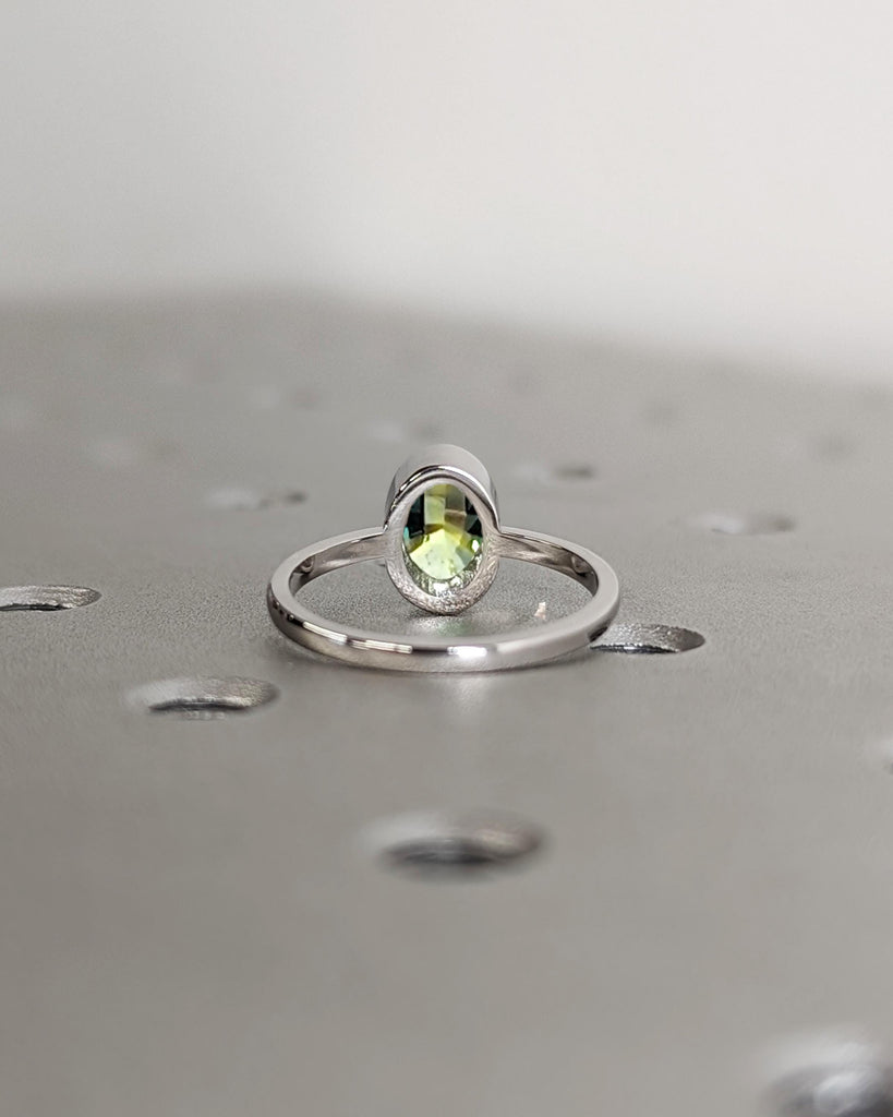 1ct Oval Green Sapphire Ring | 18k White Gold Bezel Set Ring | Unique Engagement Rings for Women | Birthday Gift for Her | Minimalist Ring