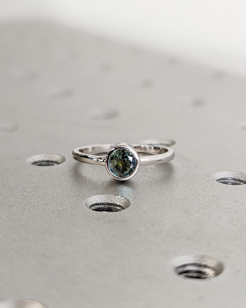 Round Sapphire Ring | 0.5 Green Sapphire Solitaire Ring | 18k White Gold Bezel Set Statement Ring | Anniversary Ring | Dainty Wedding Ring