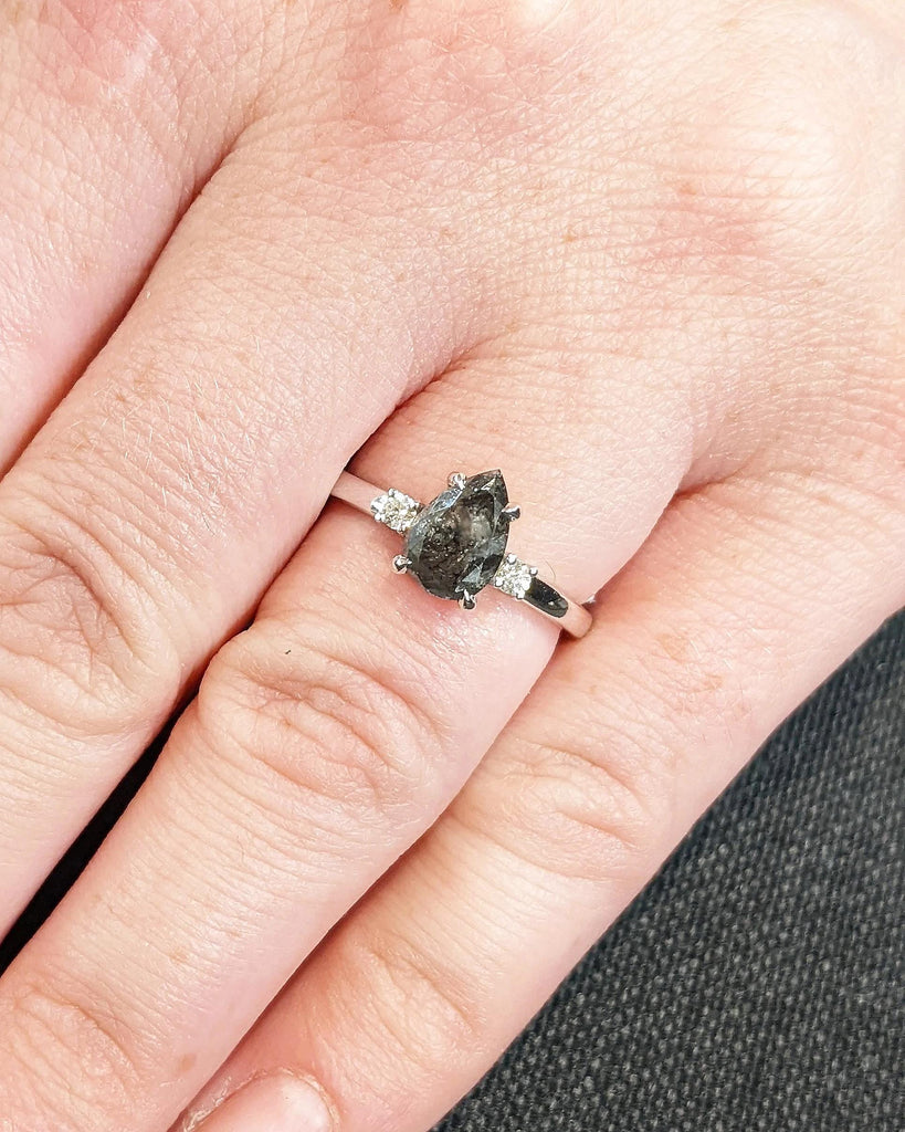 Pear Salt and Pepper Diamond Ring | 14k White Gold Engagement Ring | Art Deco Promise Ring for Her | Unique Wedding Rings | Vintage Ring