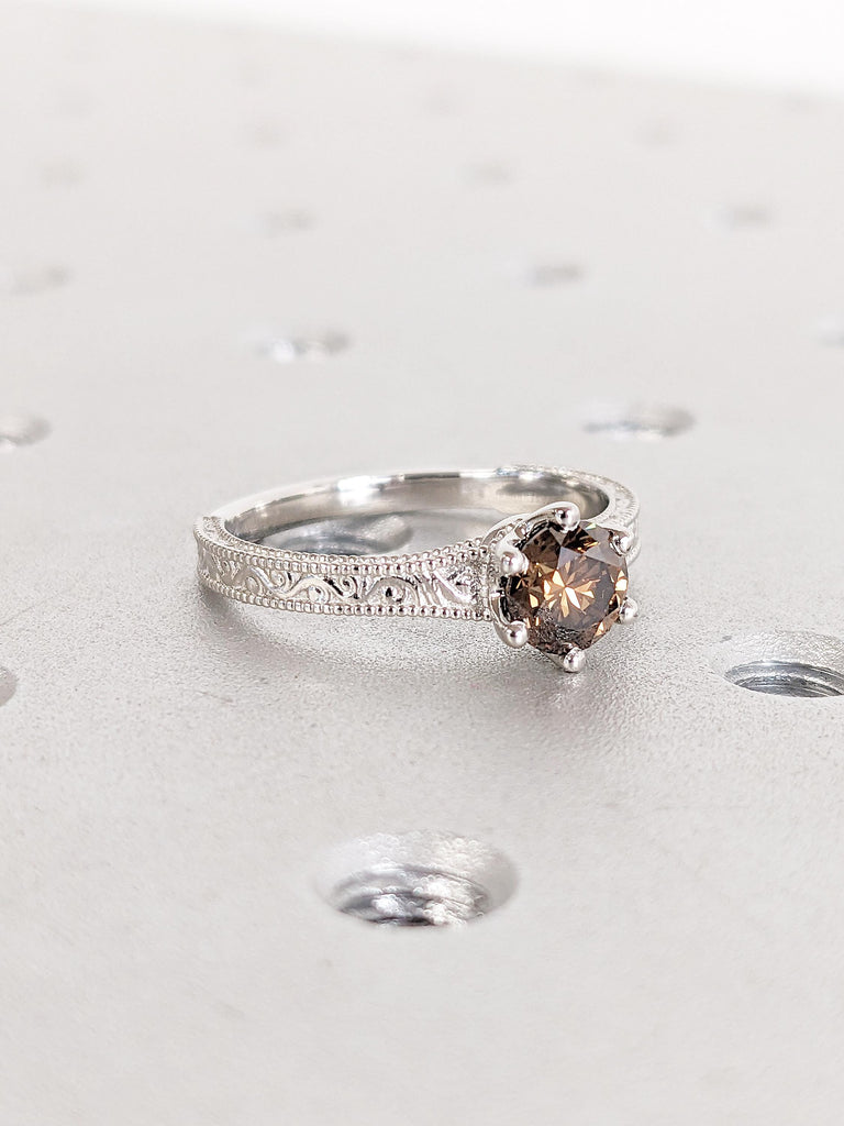 0.5ct Champagne Diamond Engagement Ring, Platinum Diamond Ring, Unique Solitaire Ring, Promise Ring for Her, Filigree Ring, Milgrain Ring