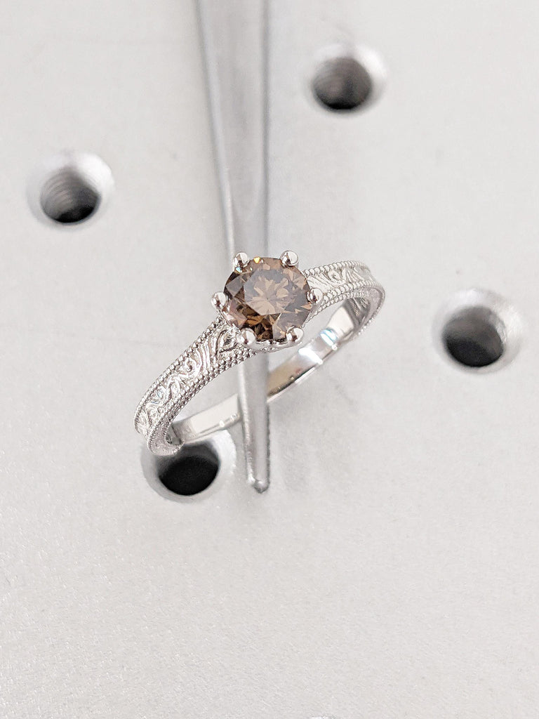 0.5ct Champagne Diamond Engagement Ring, Platinum Diamond Ring, Unique Solitaire Ring, Promise Ring for Her, Filigree Ring, Milgrain Ring